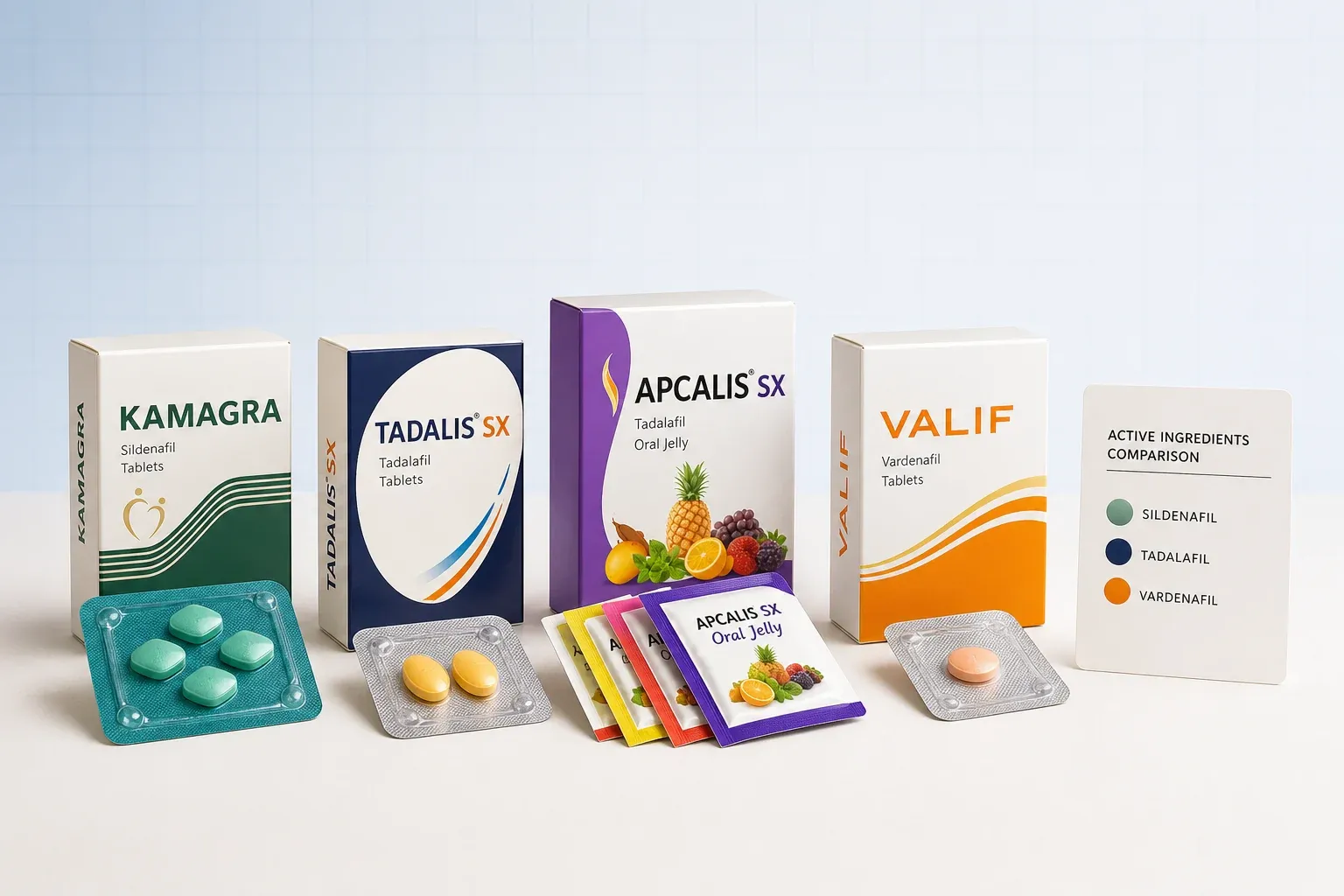 Editorial lineup of sildenafil, tadalafil and vardenafil product formats