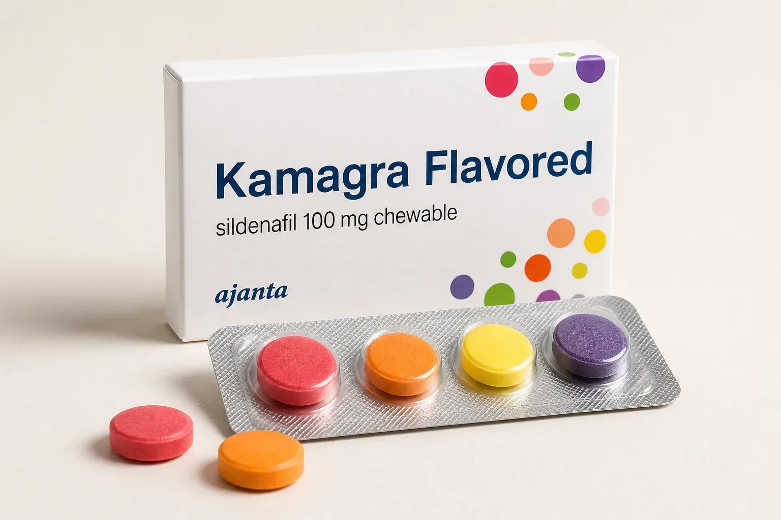 Editorial illustration of a Kamagra Flavored carton and fruit-coloured chewables