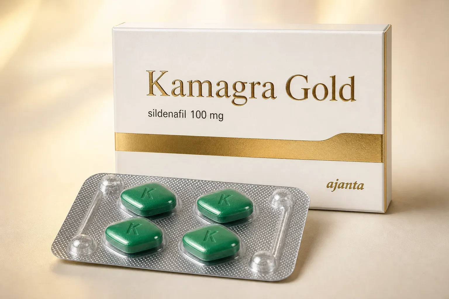 Editorial illustration of a gold-accented carton and green tablets