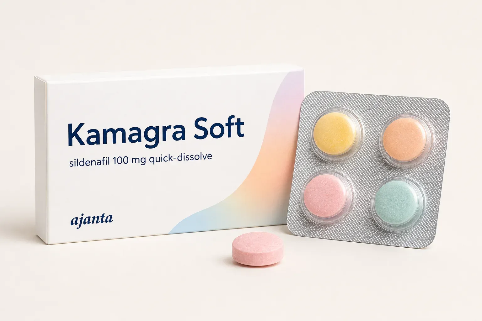Editorial illustration of a Kamagra Soft carton and pastel tablets