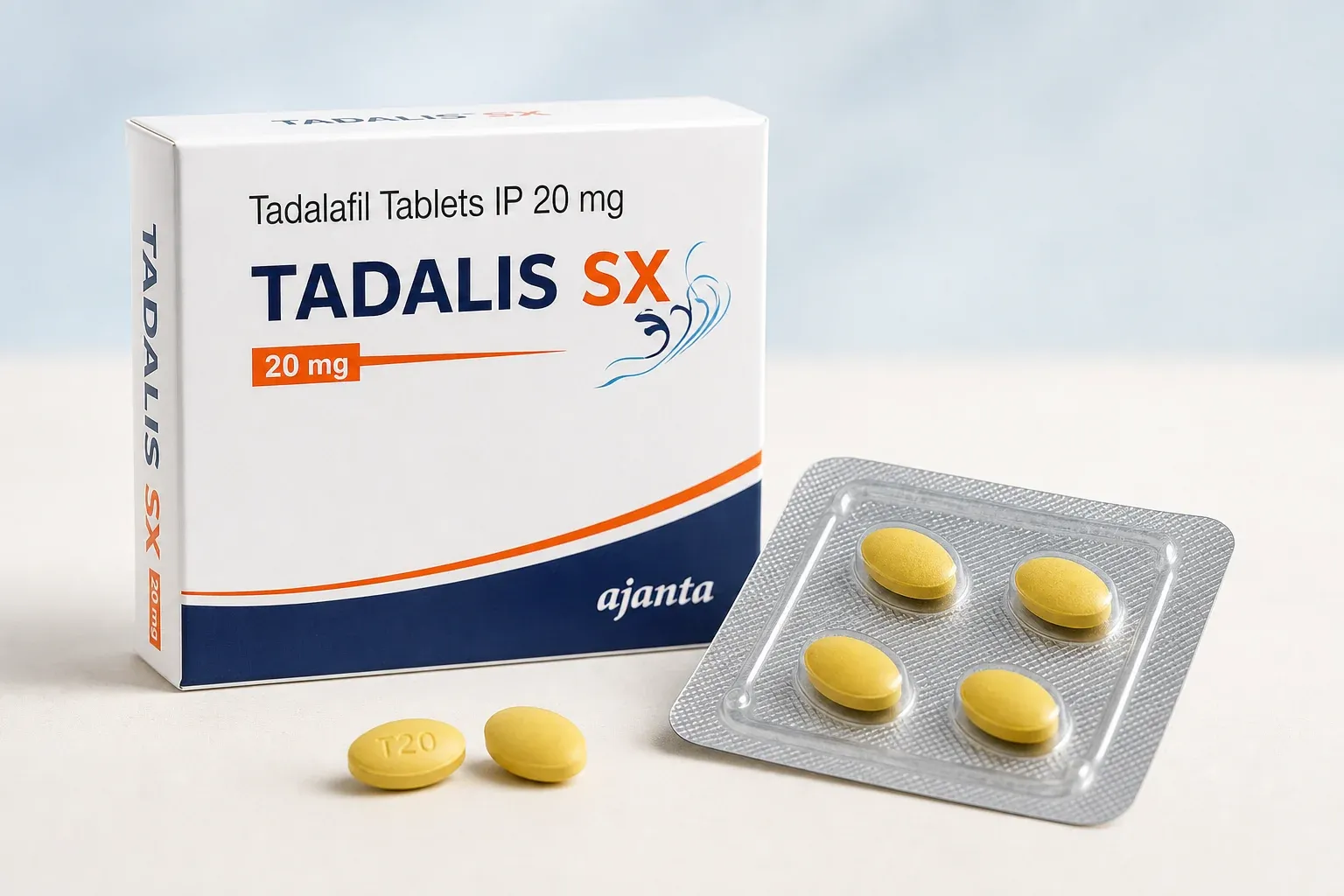 Editorial illustration of a Tadalis SX carton, blister and tablets
